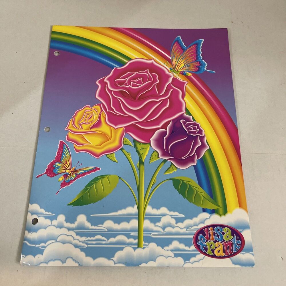 VTG Lisa Frank Pocket Folder Roses Butterflies Rainbow 2003 V5790